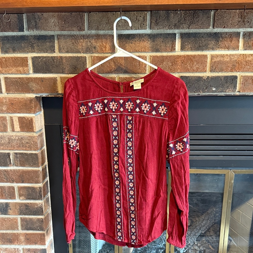 Lucky Brand Burgundy Embroidered Blouse